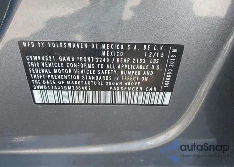 2016 Volkswagen Jetta 1.8T Sport из США, поврежденный, VIN 3VWD17AJ1GM298402